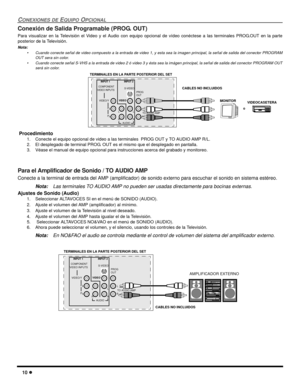 Page 5210 l
CONEXIONES DE EQUIPO OPCIONAL
Conexión de Salida Programable (PROG. OUT)
Para visualizar en la Televisión el Video y el Audio con equipo opcional de vídeo conéctese a las terminales PROG.OUT en la parte
posterior de la Televisión.
Nota:
• Cuando conecte señal de video compuesto a la entrada de video 1, y esta sea la imagen principal, la señal de salida del conector PROGRAM
OUT sera sin color. 
• Cuando conecte señal S-VHS a la entrada de video 2 ó video 3 y ésta sea la imágen principal, la señal de...