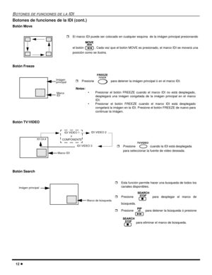 Page 5412 l
BOTONES DE FUNCIONES DE LA IDI
Botones de funciones de la IDI (cont.)
Botón Move 
Botón Freeze
Botón TV/VIDEO 
 
Botón Search 
 
rEl marco IDI puede ser colocado en cualquier esquina  de la imágen principal presionando
el botón  . Cada vez que el botón MOVE es presionado, el marco IDI se moverá una
posición como se ilustra.
MOVEREW
Marco 
IDI
Imágen
principalrPresione   para detener la imágen principal ó en el marco IDI.
Notas:
• Presionar el botón FREEZE cuando el marco IDI no está desplegado,...
