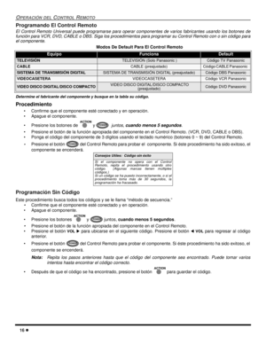 Page 5816 l
OPERACIÓN DEL CONTROL REMOTO
Programando El Control Remoto
El Control Remoto Universal puede programarse para operar componentes de varios fabricantes usando los botones de
función para VCR, DVD, CABLE o DBS. Siga los procedimientos para programar su Control Remoto con o sin código para
el componente.
Determine el fabricante del componente y busque en la tabla su código.
Procedimiento
• Confirme que el componente esté conectado y en operación.
• Apague el componente.
• Presione los botones de  y...