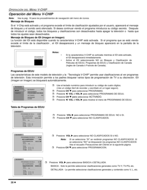 Page 7028 l
OPERACIÓN DEL MENU V-CHIP
Operación del Menu V-CHIP 
Nota:Vea la pág. 19 para los procedimientos de navegación del menú de íconos.
Mensaje de Bloqueo
Si el  V-Chip está activado y el programa excede el límite de clasificación ajustados por el usuario, aparecerá el mensaje
de bloqueo y el sonido será silenciado. Si desea continuar viendo el programa introduzca su código secreto.  Después
de introducir el código, todos los bloqueos y clasificaciones son desactivados hasta apagar la televisión o  hasta...