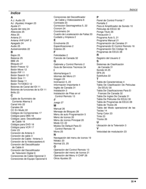 Page 77INDICE
35 l
A
A.J. Audio 25
AJ. (Ajustes) Imagen 23
Ajuste 21
Ajuste del reloj 24
Altavoces 25
Altos 25
Antena 21
Antena VHF/UHF 3
Apagado 24
Audio 25
Autoencendido 22
B
Bajos 25
Balance 25
BBE 25
Bloqueo 27
Botón Freeze 12
Botón Move 12
Botón PIP 11
Botón Search 12
Botón Size 11
Botón Swap 11
Botón TV/VIDEO 12
Botones de Canal del IDI 11
Botones de funciones de la IDI 11
Brillo 23
C
Cable de Suministro de 
Corriente Alterna 3
Canal Info 22
Canales 26
CC En Mudo 22
Códigos de Componentes 17
Códigos para...