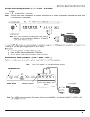 Page 9OPTIONAL EQUIPMENT CONNECTIONS
7 l
Front Control Panel (models CT-32SX32 and CT-36SX32)
Press   to select VIDEO 3 input mode. 
Note:The front control panel located behind the customer control door can be used to access menus and switch video mode when
the remote control is not available.
 
A second VCR, Camcorder, a video disc player, video game equipment or DSS equipment can also be connected to the
video inputs. See the optional equipment manual for details.
Procedure
1. Connect equipment to front...