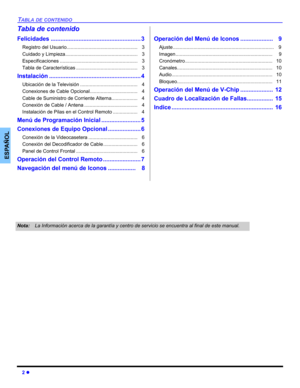 Page 222 z
TABLA DE CONTENIDO
ESPAÑOL
Tabla de contenido
Felicidades ....................................................... 3
Registro del Usuario....................................................   3
Cuidado y Limpieza.....................................................   3
Especificaciones .........................................................   3
Tabla de Características .............................................   3
Instalación ........................................................ 4
Ubicación...