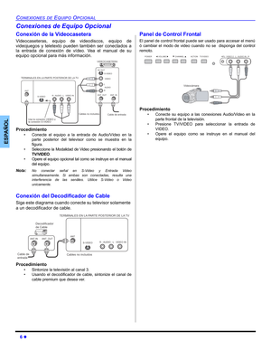 Page 266 z
CONEXIONES DE EQUIPO OPCIONAL
ESPAÑOL
Conexiones de Equipo Opcional
Conexión de la Videocasetera
Videocaseteras, equipo de videodiscos, equipo de
videojuegos y teletexto pueden también ser conectados a
la entrada de conexión de vídeo. Vea el manual de su
equipo opcional para más información. 
Procedimiento
• Conecte el equipo a la entrada de Audio/Vídeo en la
parte posterior del televisor como se muestra en la
figura.
• Seleccione la Modalidad de Video presionando el botón de
TV/VIDEO.
• Opere el...