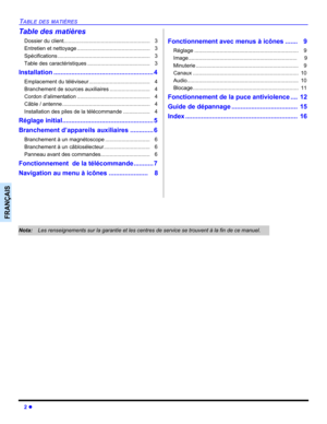 Page 402 z
TABLE DES MATIÈRES
FRANÇAIS
Table des matières
Dossier du client..........................................................   3
Entretien et nettoyage .................................................   3
Spécifications ..............................................................   3
Table des caractéristiques ..........................................   3
Installation ........................................................ 4
Emplacement du téléviseur .........................................   4...