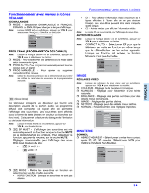 Page 47FONCTIONNEMENT AVEC MENUS À ICÔNES
9 z
FRANÇAIS
Fonctionnement avec menus à icônes
RÉGLAGE
IDIOMA/LANGUE 
ˆMODE - 
Sélectionner IDIOMA/LANGUE et FRANÇAIS,
ESPAÑOL ou ENGLISH pour changer la langue d’affichage.
Nota:Lorsque MODE est en surbrillance, appuyer sur VOL X pour
sélectionner FRANÇAIS, ESPAÑOL ou ENGLISH .      
PROG. CANAL (PROGRAMMATION DES CANAUX)
Nota:Lorsque la rubrique désirée est en surbrillance, appuyer sur
VOL X pour la sélectionner ou l’activer.
ˆMODE - Pour sélectionner télé (antenne)...