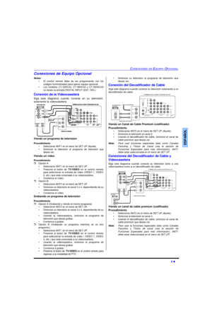 Page 37CONEXIONES DE EQUIPO OPCIONAL5 lESPAÑOLConexiones de Equipo Opcional
Notas:
•El control remoto debe de ser programando con los
codigos suministrados para operar equipo opcional.
•Los modelos CT-32HC43, CT-36HC43 y CT-32HXC43
no tienen la entrada DIGITAL INPUT (ENT. DIG.).
Conexión de la Videocasetera 
Siga este diagrama cuando conecte en su televisión,
solamente la videocasetera.  
Viendo un programa de televisión
Procedimiento
•Seleccione ANT1 en el menú de SET UP (Ajuste).
•Sintonize la televisión al...