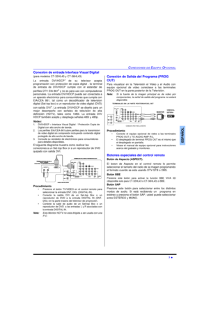 Page 39CONEXIONES DE EQUIPO OPCIONAL7 lESPAÑOLConexión de entrada Interface Visual Digital
(para modelos CT-32HL43 y CT-36HL43) 
La entrada DVI/HDCP1 
de su televisor acepta
programación con protección de copia digital . la terminal
de entrada de DVI/HDCP cumple con el estandar de
perfiles DTV EIA-8612
 y no es para uso con computadoras
personales. La entrada DVI/HDCP puede ser conectada a
un aparato electrónico para consumidores que cumpla con
EIA/CEA 861, tal como un decodificador de television
digital (Set...