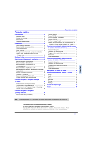Page 64TABLE DES MATIÈRES1 lFRANÇAISTable des matières
Félicitations......................................................2
Dossier du client.........................................................   2
Entretien et nettoyage.................................................   2
Spécifications..............................................................   2
Table des caractéristiques..........................................   2
Installation........................................................3
Emplacement...