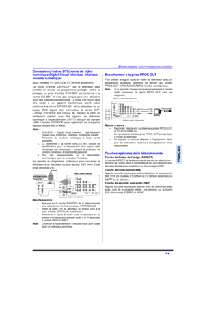 Page 70BRANCHEMENT D’APPAREILS AUXILIAIRES7 lFRANÇAISConnexion d’entrée DVI (norme de vidéo 
numérique Digital Visual Interface- Interface 
visuelle numérique)
(pour modèles CT-32HL43 et CT-36HL43 seulement)
La circuit d’entrée DVI/HDCP1
 sur le téléviseur peut
prendre en charge les programmes protégés contre le
piratage. La prise d’entrée DVI/HDCP est conforme à la
norme EIA-8612 
et n’est pas conçue pour une utilisation
avec des ordinateurs personnels. La prise DVI/HDCP peut
être reliée à un appareil...