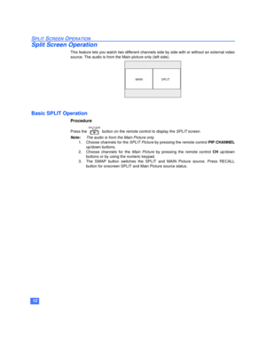 Page 1312
SPLIT SCREEN OPERATION
Split Screen Operation
This feature lets you watch two different channels side by side with or without an external video
source. The audio is from the Main picture only (left side).
Basic SPLIT Operation
Procedure
Press the   button on the remote control to display the SPLIT screen.
Note:The audio is from the Main Picture only.
1. Choose channels for the SPLIT Picture by pressing the remote control PIP CHANNEL
up/down buttons.
2. Choose channels for the 
Main Picture by pressing...