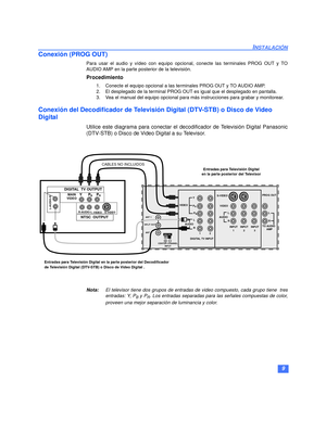 Page 379
INSTALACIÓN
Conexión (PROG OUT) 
Para usar el audio y vídeo con equipo opcional, conecte las terminales PROG OUT y TO
AUDIO AMP en la parte posterior de la televisión.
Procedimiento
1. Conecte el equipo opcional a las terminales PROG OUT y TO AUDIO AMP.
2. El desplegado de la terminal PROG OUT es igual que el desplegado en pantalla.
3. Vea el manual del equipo opcional para más instrucciones para grabar y monitorear.
Conexión del Decodificador de Televisión Digital (DTV-STB) o Disco de Video 
Digital...