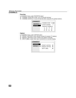 Page 2524
SPECIAL FEATURES
CHANNELS
Favorites
In CHANNELS menu under FAVORITES select:
rCHANNEL SCAN FAV to enter  up to 16 favorite channels.
rCHANNEL SCAN ALL to scan all channels when using the CH up/down buttons.
Caption
In CHANNELS menu under CAPTION select:
rPRESET CAPTION to enter channel numbers for popular TV stations. 
rMANUAL CAPTION to enter numbers and captions manually.  
rINPUT LABEL to label video input connections for onscreen display.  
CHANNELS
CHANNEL SCAN
ENTER CHANNEL
FAVORITE CHANNELSALL...