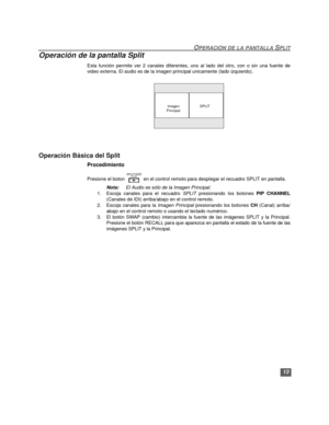 Page 4313
OPERACIÓN DE LA PANTALLA SPLIT
Operación de la pantalla Split
Esta función permite ver 2 canales diferentes, uno al lado del otro, con o sin una fuente de
video externa. El audio es de la imagen principal unicamente (lado izquierdo).
Operación Básica del Split
Procedimiento
Presione el boton   en el control remoto para desplegar el recuadro SPLIT en pantalla. 
Nota:El Audio es sólo de la Imagen Principal.
1. Escoja canales para el recuadro SPLIT presionando los botones PIP CHANNEL
(Canales de IDI)...