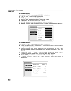 Page 5222
FUNCIONES ESPECIALES
IMAGEN
AJ. (Ajustes) Imagen 1
En el menú de PICTURE (Imagen) bajo AJ. IMAGEN 1 seleccione:
rCOLOR - Ajusta la intensidad del color deseada.
rTINTE - Ajusta los tonos naturales de la piel.
rBRILLO - Ajusta las áreas oscuras para detalles más nítidos.
rCONTRASTE - Ajusta las área blancas de la imagen.
rNITIDEZ - Ajusta para dar mejor claridad a los detalles de la siltueta.
rNORMAL - Reajusta todas las modificaciones de la imagen a los predispuestos de fábrica.
.
AJ. (Ajustes) Imagen...