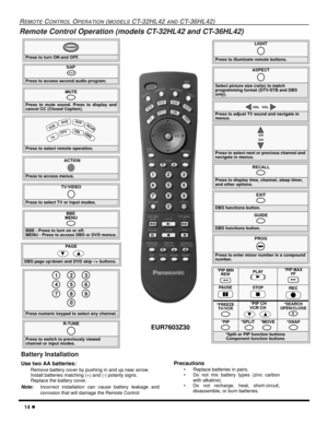 Page 1614 l
REMOTE CONTROL OPERATION (MODELS CT-32HL42 AND CT-36HL42)
Remote Control Operation (models CT-32HL42 and CT-36HL42)
               
Press to turn ON and OFF.
POWER
MUTE
Press to mute sound. Press to display and
cancel CC (Closed Caption).
SAP
 
Press to access second audio program.
TV/VIDEO
Press to select TV or input modes.
Press to select remote operation.
 VC
R
 DV
D
   
T
V
 C
BL D
BS
 
AU
X RCV
R
 D
TV
ACTION
Press to access menus.
Press to select next or previous channel and 
navigate in...