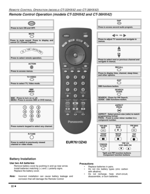 Page 2422 l
REMOTE CONTROL OPERATION (MODELS CT-32HX42 AND CT-36HX42)
Remote Control Operation (models CT-32HX42 and CT-36HX42) 
               
Press to turn ON and OFF.
POWER
MUTE
 
Press to mute sound. Press to display and
cancel CC (Closed Caption).
SAP
 
Press to access second audio program.
TV/VIDEO
 
Press to select TV, Video mode.
Press to select remote operation.
  TV 
V
CRDBS
/
CBL DV
D
ACTION
Press to access menus.
Press to select next or previous channel and 
navigate in menus.
CH
CH
Press to adjust...