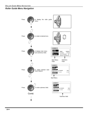 Page 3028 l
ROLLER GUIDE MENU NAVIGATION
Roller Guide Menu Navigation
Press to display the roller guide
menu.
Press to rotate to desired icon.
Press to display main menu 
and submenus field.
Press to select desired main
menu feature.
Main Menu
Press to enter submenu field.
Submenu field
Contd. 
SETUP
MODE
AUTO PROGRAM
MANUAL PROGRAM         PROG CHAN
CC
OTHER ADJ.u
u
u
IDIOMA/
LANGUE
ANTENNA ANT1
uCABLE
Main Menu
FieldSubmenu
Field
CCSETUP
CC ON MUTE
CC MODE IDIOMA/
LANGUE
PROG CHAN
OTHER ADJ.
NO u
OFF u...