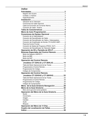 Page 59INDICE
1 l
Indice
Felicidades ................................................................. 2
Registro del Usuario .................................................................. 2
Cuidado y Limpieza ................................................................... 2
Especificaciones ........................................................................ 2
Instalación .................................................................. 3
Ubicación de la Televisión...