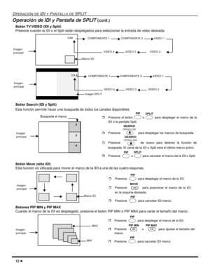 Page 7012 l
OPERACIÓN DE IDI Y PANTALLA DE SPLIT
Operación de IDI y Pantalla de SPLIT (cont.) 
Botón TV/VIDEO (IDI y Split)
Presione cuando la IDI o el Split están desplegados para seleccionar la entrada de video deseada.  
Botón Search (IDI y Split) 
Esta función permite hacer una busqueda de todos los canales disponibles. 
Botón Move (sólo IDI)
Esta función es utilizada para mover el marco de la IDI a una de las cuatro esquinas. 
 
Botones PIP MIN y PIP MAX 
Cuando el marco de la IDI es desplegado, presione...