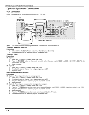 Page 86 l
OPTIONAL EQUIPMENT CONNECTIONS
Optional Equipment Connections
VCR Connection 
Follow this diagram when connecting your television to a VCR only.
. 
Note:The remote control must be programmed with supplied codes to operate the VCR. 
Viewing a television program
Procedure
1. Select ANT1 in the SET UP menu under Prog Chan (Program Channels).
2. Tune the television to the television program you want to view.
Viewing a video
Procedure
rOption A
1. Select ANT1 in the SET UP menu under Prog Chan.
2. Press...