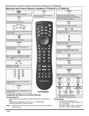 Page 7214 l
OPERACIÓN DEL CONTROL REMOTO (MODELOS CT-32HL42 Y CT-36HL42)
Operación del Control Remoto (modelos CT-32HL42 y CT-36HL42)  
                 
Presione para ENCENDER y APAGAR.
POWER
MUTE 
Presione para silenciar el sonido.SAP
Accesa el segundo programa de audio.
TV/VIDEO 
Presione para seleccionar la Modalidad de 
televisión o video.
Presione para seleccionar el funcionamiento del 
control remoto.
 V
C
R
 
DVD
  
 
TV
 C
BL D
B
S
 
AU
X R
C
VR
 D
TV
 
Presione para accesar los menús.
ACTION
Presione...