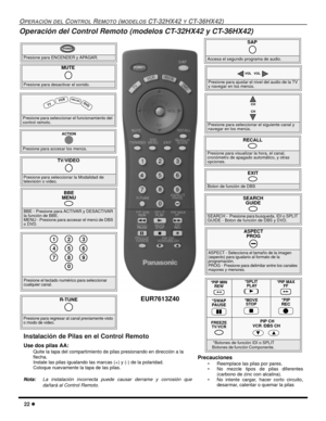 Page 8022 l
OPERACIÓN DEL CONTROL REMOTO (MODELOS CT-32HX42 Y CT-36HX42)
Operación del Control Remoto (modelos CT-32HX42 y CT-36HX42)
                 
Presione para ENCENDER y APAGAR.
POWER
MUTE 
Presione para desactivar el sonido.
SAP 
Accesa el segundo programa de audio.
TV/VIDEO 
Presione para seleccionar la Modalidad de 
televisión o video.
Presione para seleccionar el funcionamiento del 
control remoto.
 
 T
V V
CRD
B
S/C
BL D
V
D
 
Presione para accesar los menús.
ACTION
Presione para seleccionar el...