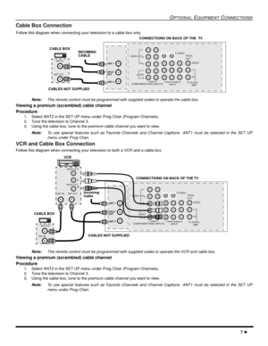 Page 9OPTIONAL EQUIPMENT CONNECTIONS
7 l
Cable Box Connection 
Follow this diagram when connecting your television to a cable box only.
Note:The remote control must be programmed with supplied codes to operate the cable box.
Viewing a premium (scrambled) cable channel
Procedure
1. Select ANT2 in the SET UP menu under Prog Chan (Program Channels).
2. Tune the television to Channel 3.
3. Using the cable box, tune to the premium cable channel you want to view.
Note:To use special features such as Favorite...