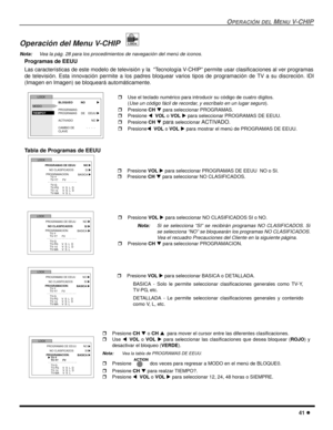 Page 99OPERACIÓN DEL MENU V-CHIP
41 l
Operación del Menu V-CHIP 
Nota:Vea la pág. 28 para los procedimientos de navegación del menú de iconos.
Programas de EEUU
Las características de este modelo de televisión y la  “Tecnología V-CHIP” permite usar clasificaciones al ver programas
de televisión. Esta innovación permite a los padres bloquear varios tipos de programación de TV a su discreción. IDI
(Imagen en Imagen) se bloqueará automáticamente. 
Tabla de Programas de EEUU
 
 
 
rUse el teclado numérico para...