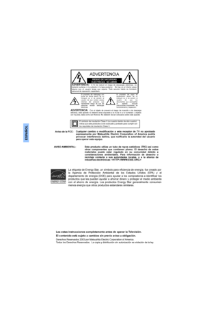 Page 18(63$f2/
&XDOTXLHU FDPELR R PRGLILFDFLyQ D HVWH UHFHSWRU GH 79 QR DSUREDGR
H[SUHVDPHQWH SRU 0DWVXVKLWD (OHFWULF &RUSRUDWLRQ RI $PHULFD SRGULD
SURYRFDU LQWHUIHUHQFLD GDxLQD TXH QXOLILFDUtD OD DXWRULGDG GHO XVXDULR
SDUDRSHUDUHVWHHTXLSR
(VWH SURGXFWR XWLOL]D XQ WXER GH UD\ RV FDWyGLFRV 75& DVt FRPR
RWURV FRPSRQHQWHV TXH FRQWLHQHQ SORPR (O GHVHFKR GH HVWRV
PDWHULDOHV SXHGH HVWDU UHJXODGR HQ VX FRPXQLGDG GHELGR D
FRQVLGHUDFLRQHV DPELHQWDOHV 3DUD...