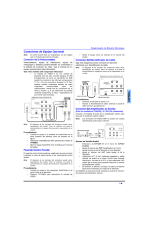 Page 23CONEXIONES DE EQUIPO OPCIONAL
5 
ESPAÑOL
Conexiones de Equipo Opcional
Nota:El control remoto debe ser programado con los códigos
que se incluyen para operar el equipo.
Conexión de la Videocasetera
Videocaseteras, equipo de videodiscos, equipo de
videojuegos y teletexto pueden también ser conectados a
la entrada de conexión de video. Vea el manual de su
equipo opcional para más información.
Nota: Para modelos with Component video input:
•La entrada de VIDEO 1 es una entrada de
propósito dual. Es para...