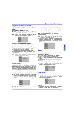 Page 27OPERACIÓN DEL MENÚ DE ICONOS
9 
ESPAÑOL
Operación del Menú de Iconos
Nota:Vea la pág. 8 para los procedimientos de navegación del
menú de íconos.
AJUSTE
IDIOMA/LANGUE IDIOMAS Del Menú)
MODO - Seleccione el idioma del menú ENGLISH
(Inglés), ESPAÑOL ó FRANCAIS (Francés).
Nota:Con la opción remarcada, oprima VOL  para
seleccionar INGLES, 
ESPAÑOL o FRANCES. 
PROG CNLS (PROGRAMACION CANALES)
Nota:Con la opción remarcada, oprima VOL  para
seleccionar o activar las opciones
MODO - Para seleccionar la...