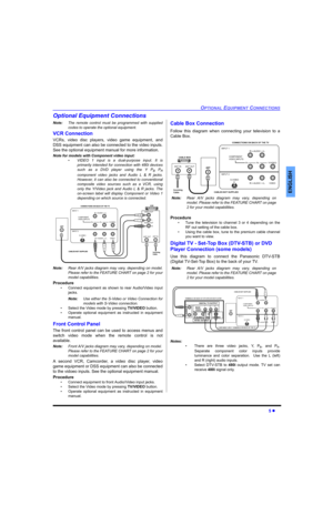 Page 7OPTIONAL EQUIPMENT CONNECTIONS
5 
ENGLISH
Optional Equipment Connections
Note:The remote control must be programmed with supplied
codes to operate the optional equipment.
VCR Connection 
VCRs, video disc players, video game equipment, and
DSS equipment can also be connected to the video inputs.
See the optional equipment manual for more information. 
Note for models with Component video input:
•VIDEO 1 input is a dual-purpose input. It is
primarily intended for connection with 480i devices
such as a DVD...