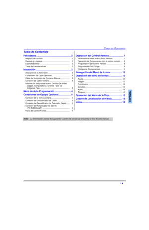Page 23TABLA DE CONTENIDO1 lESPAÑOLTabla de Contenido
Felicidades.......................................................2
Registro del Usuario....................................................   2
Cuidado y Limpieza.....................................................   2
Especificaciones.........................................................   2
Tabla de Características.............................................   2
Instalación........................................................3
Ubicación de la...