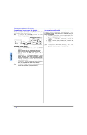 Page 286 lCONEXIONES DE EQUIPO OPCIONALESPAÑOLConexión del Amplificador de Sonido 
Conecte a la entrada de audio de un amplificador externo para
escuchar el sonido en sistema estéreo.
Nota:Las terminales TO AUDIO AMP no pueden ser usadas
directamente para bocinas externas.  
Ajustes de Sonido (Audio)
•Seleccione ALTAVOCES SI en el menú de SONIDO
(AUDIO). 
•Ajuste el volumen del AMP (amplificador) al mínimo.
•Ajuste el volumen de la Televisión al nivel deseado.
•Ajuste el volumen del AMP hasta igualar el de la...
