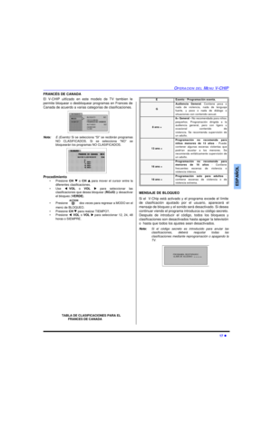 Page 39OPERACION DEL MENU V-CHIP17 lESPAÑOLFRANCÉS DE CANADA
El V-CHIP uitlizado en este modelo de TV tambien le
permite bloquear o desbloquear programas en Frances de
Canada de acuerdo a varias categorias de clasificaciones. 
Nota:E (Exento) Si se selecciona “SI” se recibirán programas
NO CLASIFICADOS. Si se selecciona “NO” se
bloquearán los programas NO CLASIFICADOS.     
Procedimiento
•Presione CH q o CH p para mover el cursor entre la
diferentes clasificaciones.
•Use tVOL o VOL u para seleccionar las...