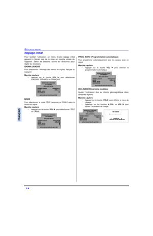 Page 464 lRÉGLAGE INITIALFRANÇAISRéglage initial
Pour faciliter l’utilisation, un menu d’auto-réglage initial
apparaît à l’écran lors de la mise en marche initiale de
l’appareil. Selon les besoins, suivre les directives pour
régler les fonctions.
IDIOMA/LANGUE
Pour sélectionner l’affichage des menus en anglais, français ou
espagnol.
Marche à suivre
•Appuyer sur la touche VOL u pour sélectionner
ENGLISH, ESPAÑOL ou FRANÇAIS. 
MODE
Pour sélectionner le mode TÉLÉ (antenne) ou CÂBLE selon la
source du signal....