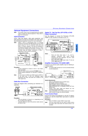 Page 7OPTIONAL EQUIPMENT CONNECTIONS5 lENGLISHOptional Equipment Connections
Note:The remote control must be programmed with supplied
codes to operate the optional equipment. Please refer to
page 8 for instructions.
VCR Connection 
VCR’s, video disc players, video game equipment, and
DSS equipment can also be connected to the video inputs.
See the optional equipment manual for more information. 
Note:VIDEO 1 input is a dual-purpose input. It is primarily
intended for connection with 480i devices such as a DVD...