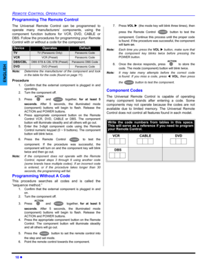 Page 1210 z
REMOTE CONTROL OPERATION
ENGLISH
Programming The Remote Control
The Universal Remote Control can be programmed to
operate many manufacturers’ components, using the
component function buttons for VCR, DVD, CABLE or
DBS. Follow the procedures for programming your Remote
Control with or without a code for the component.
Note:Determine the manufacturer of the component and look
in the table for the code (found on page 11).
Procedure
1. Confirm that the external component is plugged in and
operating.
2....