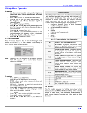 Page 19V-CHIP MENU OPERATION
17 z
ENGLISH
V-Chip Menu Operation
Procedure 
• Use the numeric keypad to enter your four digit code.
(Use a code that is easy to remember and record it in
a safe place.)
• Press CHT to enter the BLOCK PROGRAMS field.
• Press WVOLor VOL X to select desired option: U.S.
TV Programs, U.S. Movies, Canadian English or
Canadian French.
• Press CHT to highlight STATUS.
• Press WVOLor VOLX to display desired rating chart:
U.S. TV Programs, U.S. Movies, Canadian English or
Canadian French....