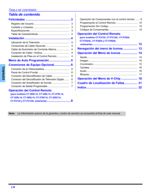 Page 282 z
TABLA DE CONTENIDO
ESPAÑOL
Tabla de contenido
Felicidades ....................................................... 3
Registro del Usuario....................................................   3
Cuidado y Limpieza.....................................................   3
Especificaciones .........................................................   3
Tabla de Características .............................................   2
Instalación ........................................................ 4
Ubicación...