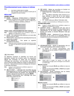 Page 63FONCTIONNEMENT AVEC MENUS À ICÔNES
13 z
FRANÇAIS
Fonctionnement avec menus à icônes
Nota:
• Les menus varient selon le modèle.
• Voir à la page 12 pour la marche à suivre pour la
navigation au menu à icônes.
RÉGLAGE
IDIOMA/LANGUE 
ˆMODE - 
Sélectionner IDIOMA/LANGUE et FRANÇAIS,
ESPAÑOL ou ENGLISH pour changer la langue d’affichage.
Nota:Lorsque MODE est en surbrillance, appuyer sur VOL X pour
sélectionner FRANÇAIS, ESPAÑOL ou ENGLISH .      
PROG. CANAL (PROGRAMMATION DES CANAUX)
Nota:Lorsque la...