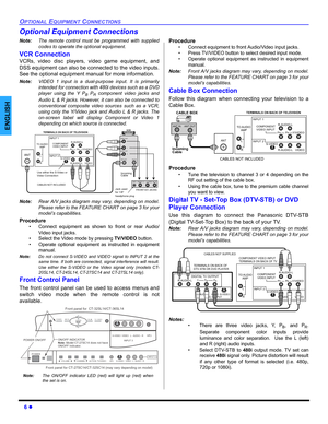 Page 86 z
OPTIONAL EQUIPMENT CONNECTIONS
ENGLISH
Optional Equipment Connections
Note:The remote control must be programmed with supplied
codes to operate the optional equipment.
VCR Connection 
VCRs, video disc players, video game equipment, and
DSS equipment can also be connected to the video inputs.
See the optional equipment manual for more information. 
Note:VIDEO 1 input is a dual-purpose input. It is primarily
intended for connection with 480i devices such as a DVD
player using the Y P
B PR component...