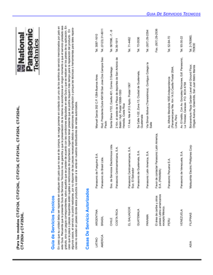 Page 77GUIA DE SERVICIOS TECNICOS
(Para los modelos CT-F2124, CT-F2124L, CT-F2134, CT-F2134L, CT-F2524, CT-F2524L,
CT-F2924 y CT-F2924L.Guia de Servicios TecnicosEn caso que su unidad deba ser reparada en cualquier otro país que no sea el de compra, se ruega ponerse en contacto con uno de los centros de servicio mencionados por país en 
esta Guía. Recuerde que la presente Guía de Servicios Técnicos no es garantía y que la presentación de la misma no acondiciona en ningún momento a que el servicio prestado sea...