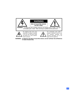 Page 21
RISK OF ELECTRIC SHOCK
DO NOT OPEN
WARNING
WARNING:  To reduce the risk of electric shock do not remove cover or back.  No user-
serviceable parts  inside.  Refer servicing to qualified service personnel.
The exclamation point within a
triangle is intended to tell the user
that important operating and
servicing instructions are in the
papers with the appliance. The lightning flash with arrow
head within a triangle is intended
to tell the user that parts inside
the product are a risk of electric
shock...