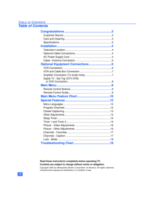 Page 32
TABLE OF CONTENTS
Table of Contents
Congratulations ........................................................3
Customer Record .....................................................................3
Care and Cleaning ...................................................................3
Specifications ...........................................................................3
Installation .................................................................4
Television...