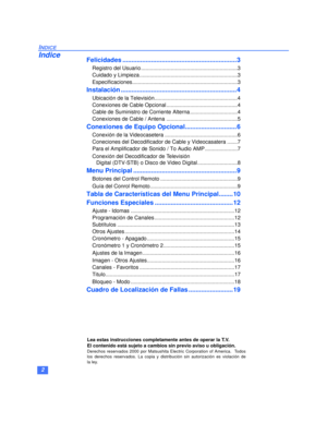 Page 242
INDICE
IndiceFelicidades ................................................................3
Registro del Usuario .................................................................3
Cuidado y Limpieza ..................................................................3
Especificaciones.......................................................................3
Instalación .................................................................4
Ubicación de la...