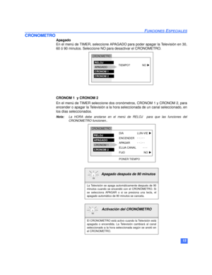 Page 3715
FUNCIONES ESPECIALES
CRONOMETRO
Apagado 
En el menú de TIMER, seleccione APAGADO para poder apagar la Televisión en 30,
60 ó 90 minutos. Seleccione NO para desactivar el CRONOMETRO.
    
CRONOM 1  y CRONOM 2
En el menú de TIMER seleccione dos cronómetros, CRONOM 1 y CRONOM 2, para
encender o apagar la Televisión a la hora seleccionada de un canal seleccionado, en
los días seleccionados.
Nota:La HORA debe anotarse en el menú de RELOJ  para que las funciones del
CRONOMETRO funcionen..
  Apagado después...