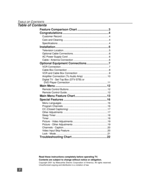 Page 32
TABLE OF CONTENTS
Table of Contents
Feature Comparison Chart ......................................3
Congratulations ........................................................4
Customer Record .....................................................................4
Care and Cleaning ...................................................................4
Specifications ...........................................................................4
Installation...