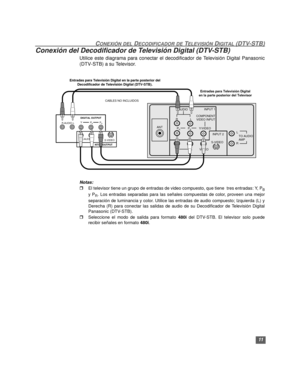 Page 3711
CONEXIÓN DEL DECODIFICADOR DE TELEVISIÓN DIGITAL (DTV-STB)
Conexión del Decodificador de Televisión Digital (DTV-STB)
Utilice este diagrama para conectar el decodificador de Televisión Digital Panasonic
(DTV-STB) a su Televisor.
  
Notas:
rEl televisor tiene un grupo de entradas de video compuesto, que tiene  tres entradas: Y, PB
y PR. Los entradas separadas para las señales compuestas de color, proveen una mejor
separación de luminancia y color. Utilice las entradas de audio compuesto; Izquierda (L)...